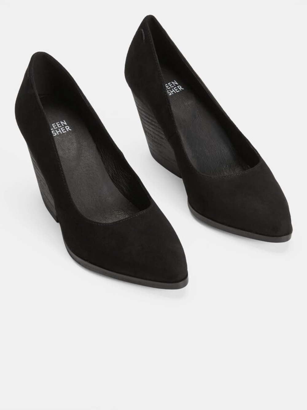 Eileen Fisher Hawk Black Suede Block Heel Pumps Almond Toe Shoes Size 6.5